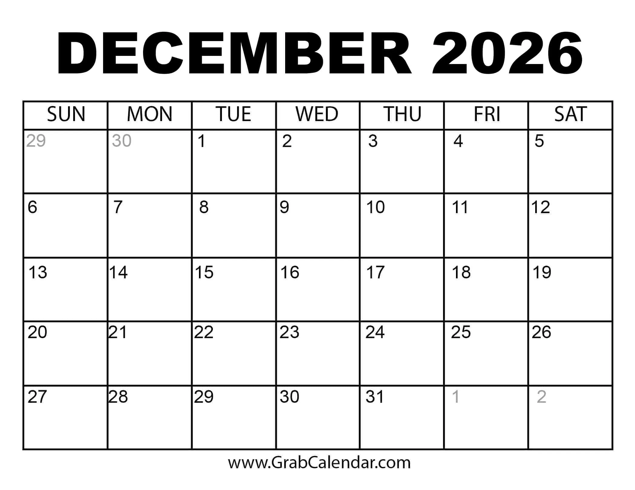 December 2026 Calendar 2