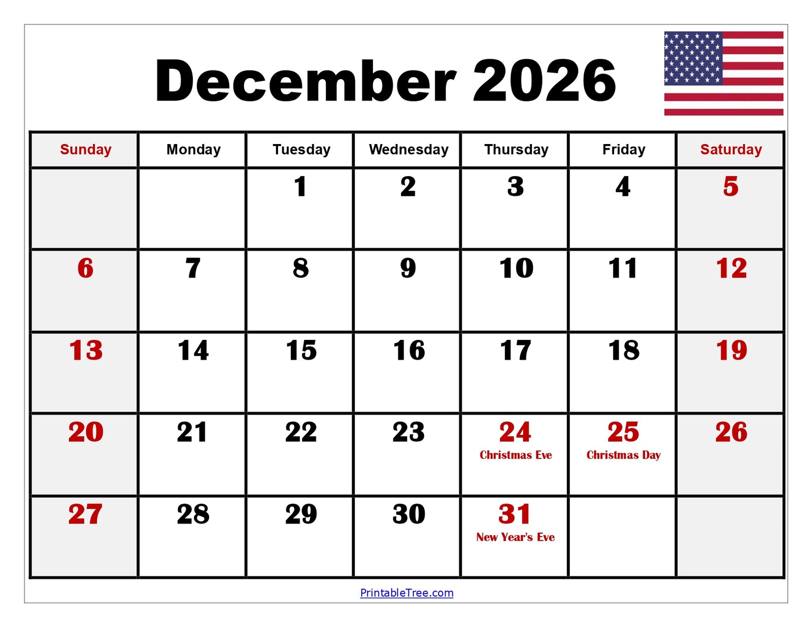 December 2026 Calendar with Holidays