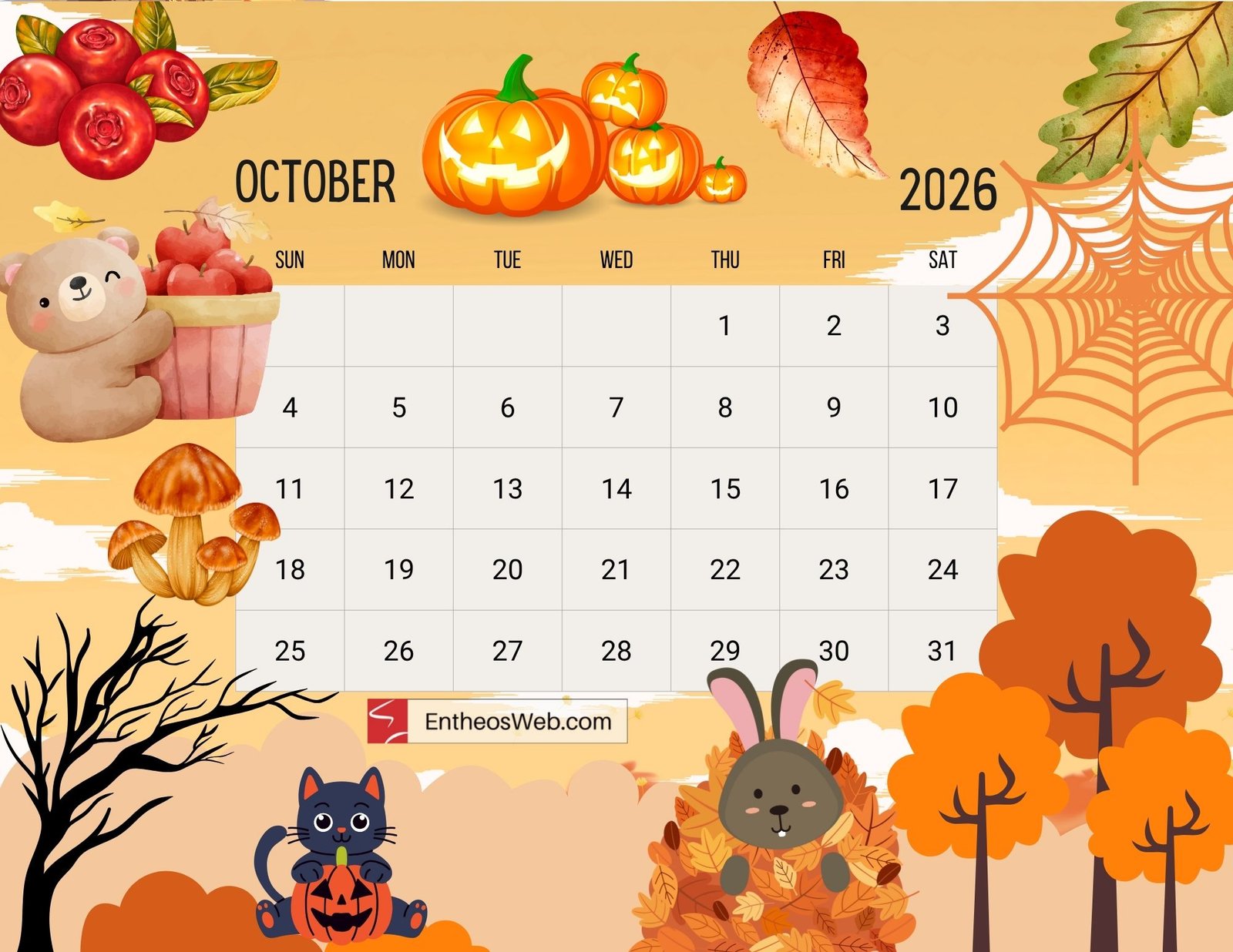 Free 2026 thematic printable calendar october entheosweb 1