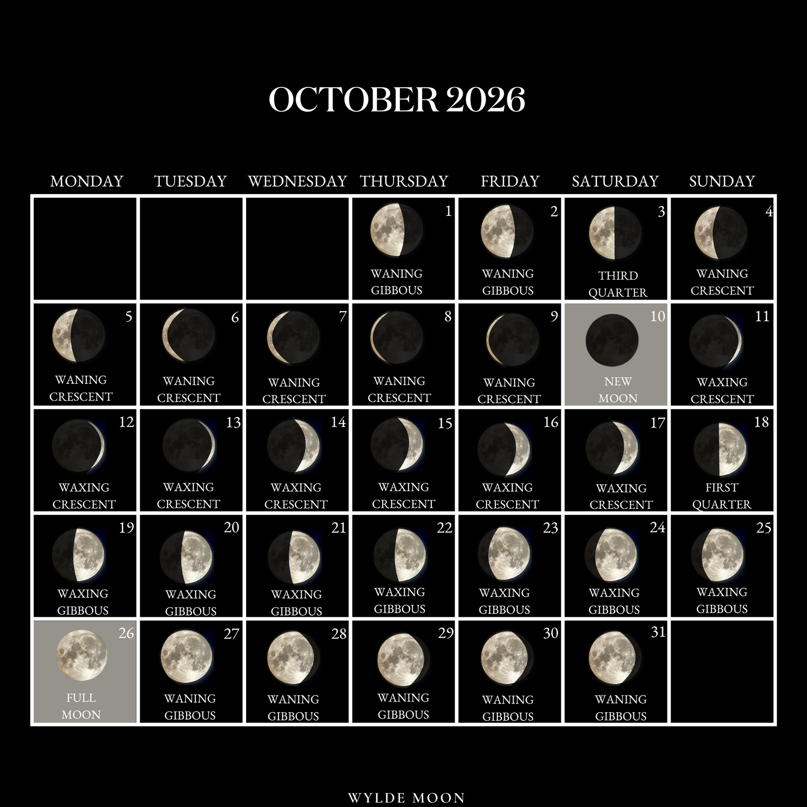 Moon Phases October 2026 - Calendar And Festivals 2026