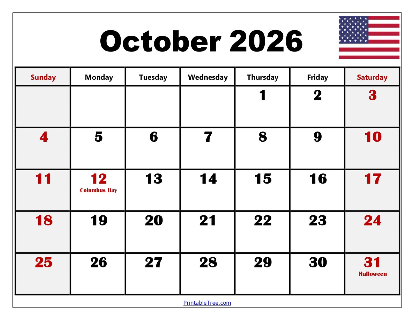 October 2026 Calendar with Holidays 1