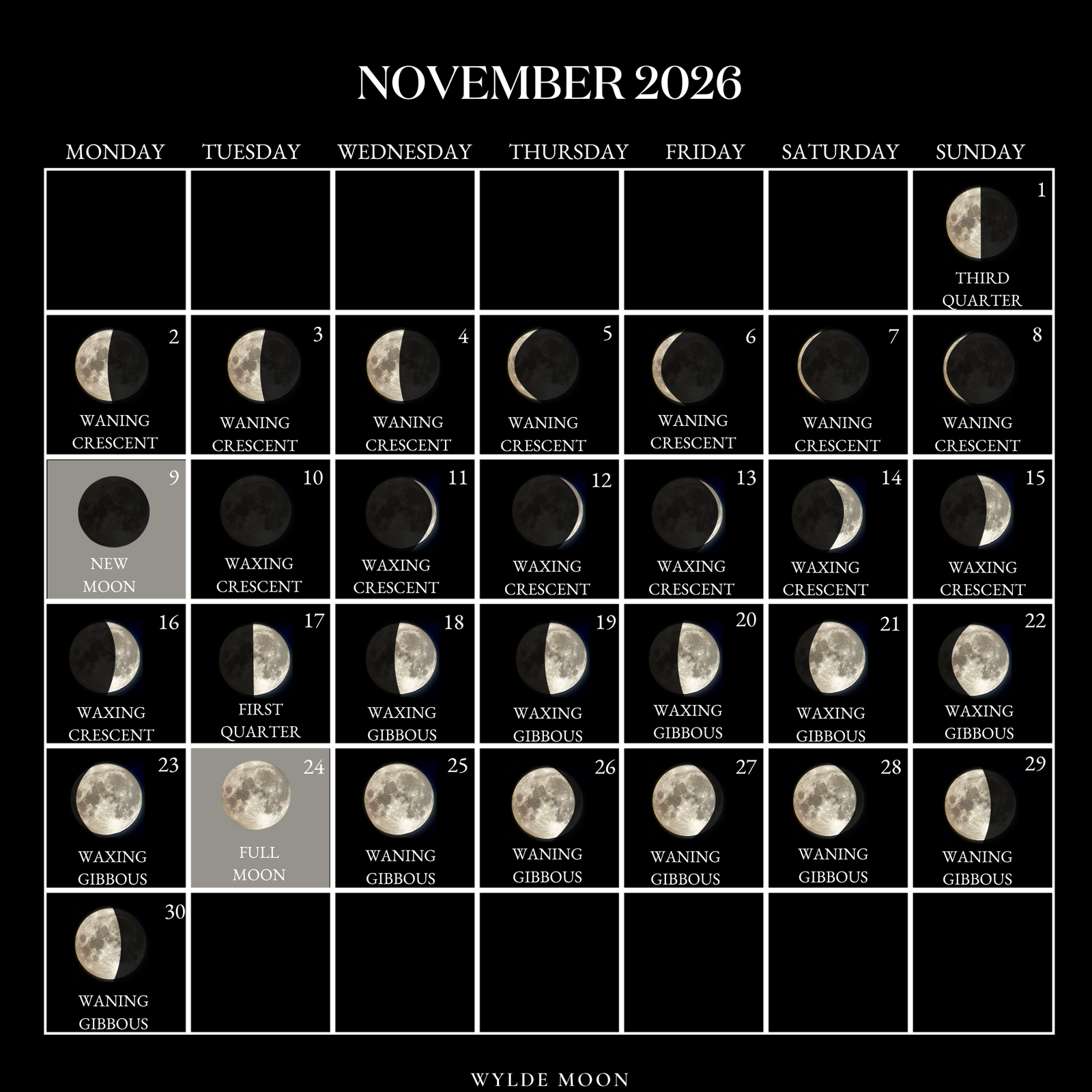 november 2026 moon phases calendar