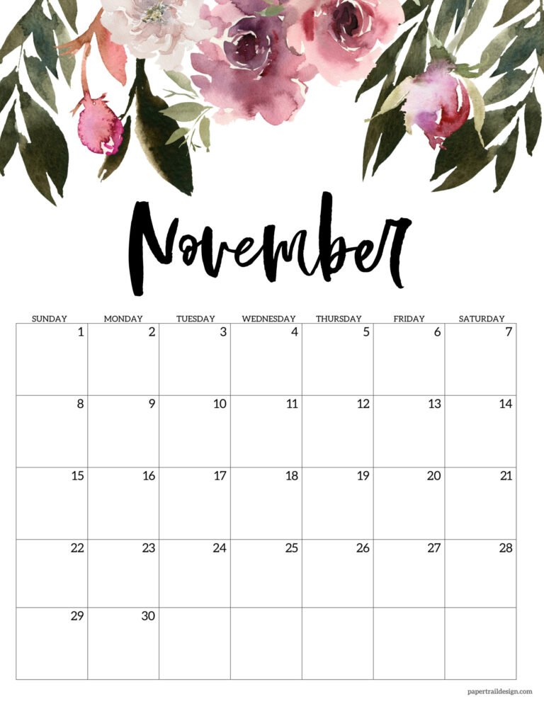 Floral Cute November 2026 Calendar Printable