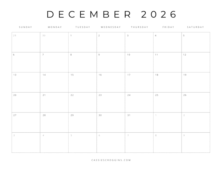 Free December 2026 Calendar Blank Template