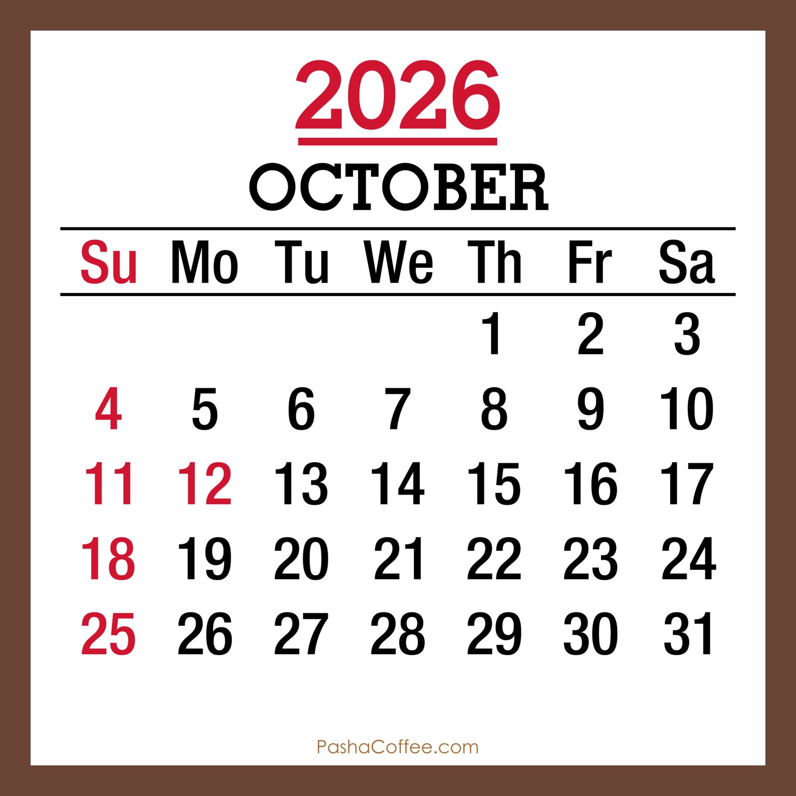2026 Calendar US Holidays October Brown SS 001 scaled