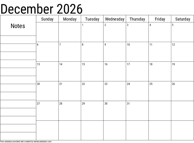 Blank December Calendar 2026 With Notes Section At Bottom