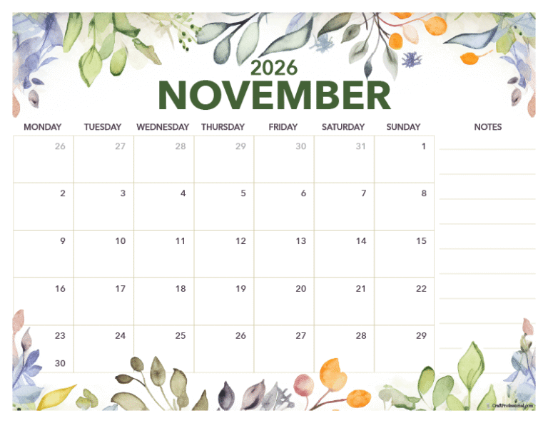 November 2026 Calendar Cute Printable Free