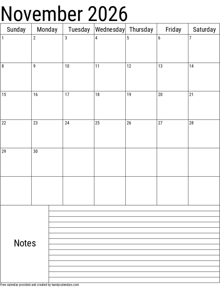 Blank November 2026 Calendar With Notes Section