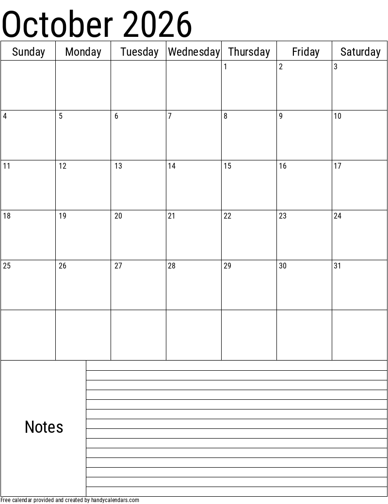 2026 october vertical calendar with notes