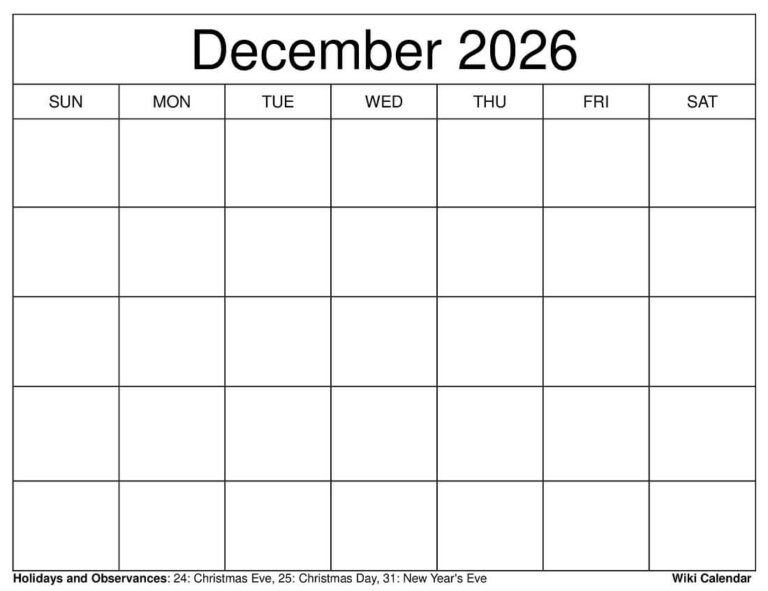 Large Print Printable December 2026 Calendar Letter Size