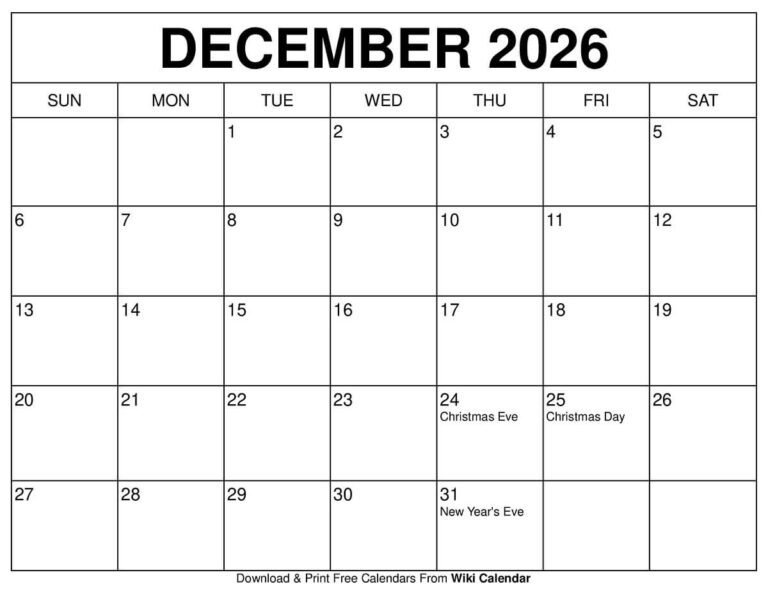 Free December 2026 Calendar With Holidays Word Template