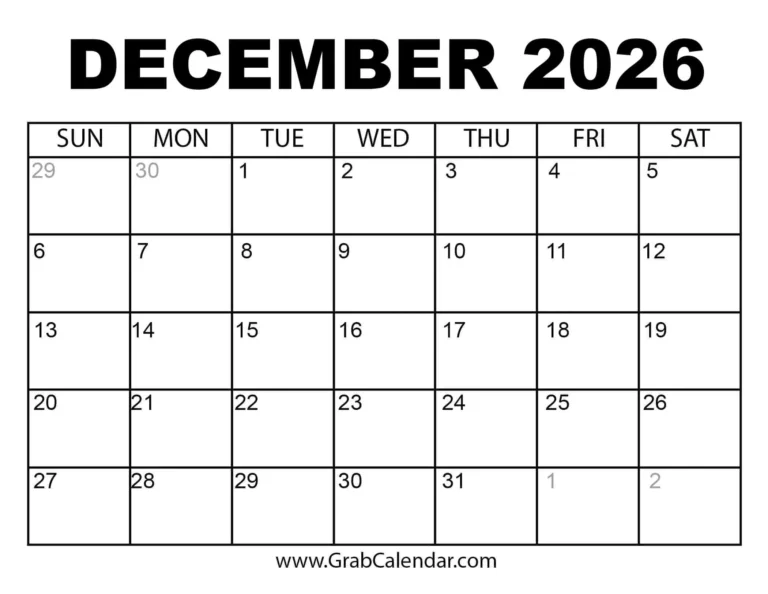 Printable December 2026 Calendar With Christmas Holiday