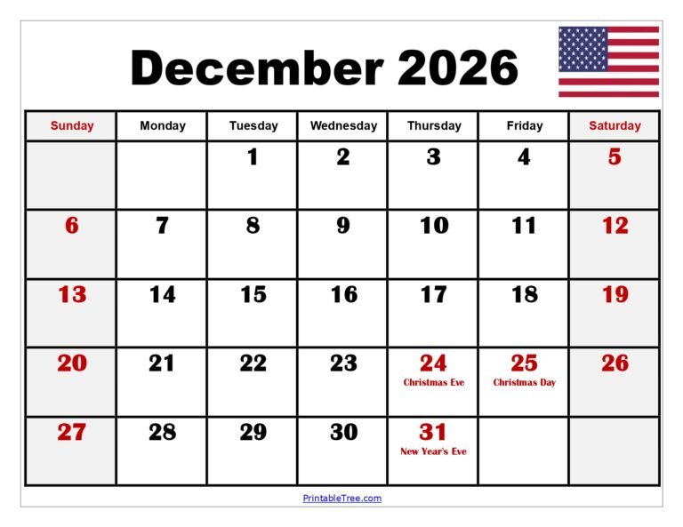 Printable December 2026 Calendar With Holidays Usa