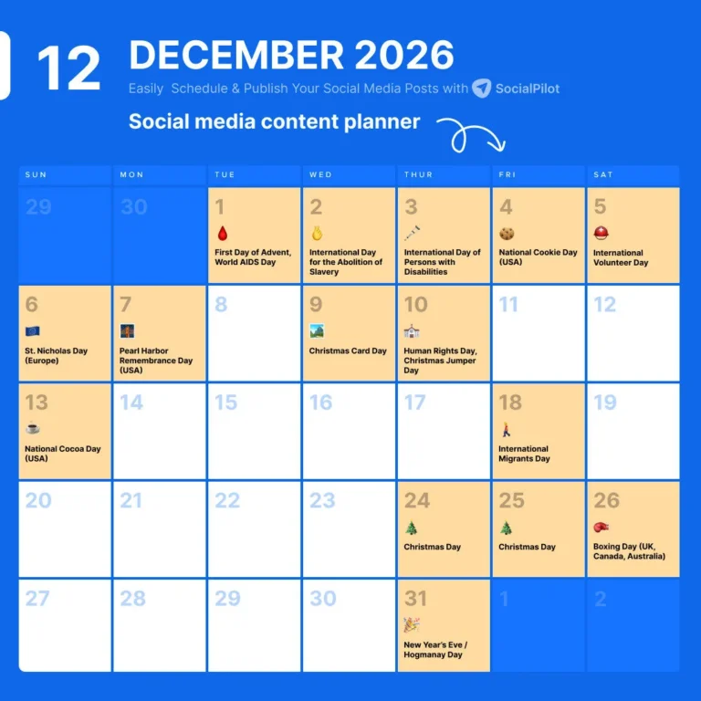 Social Media Content Calendar December National Days 2026