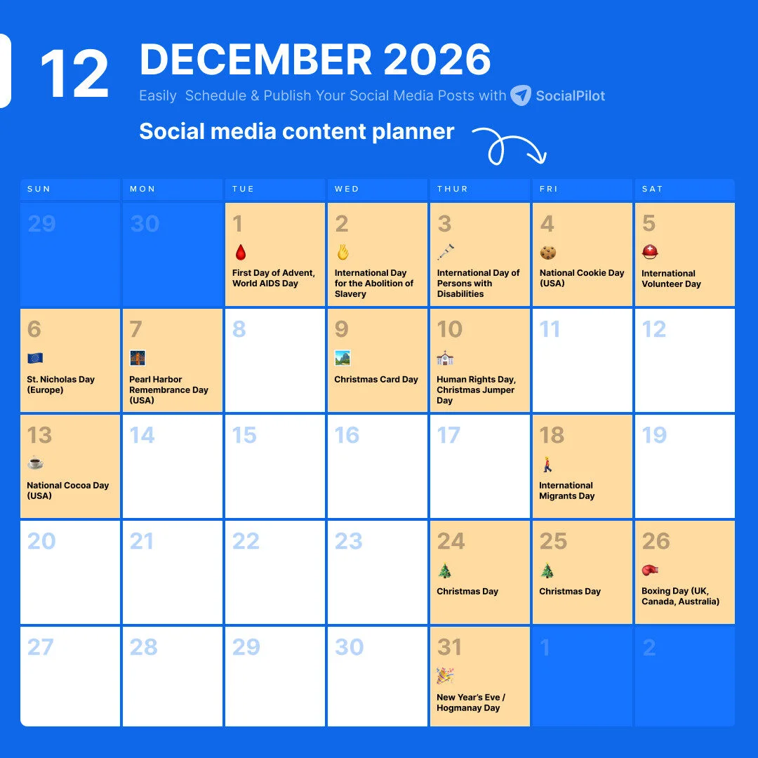 December 2026 Holidays Calendar