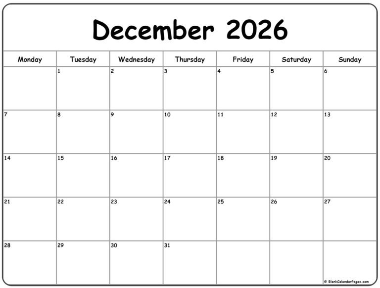 Printable December 2026 Calendar Monday Start Format