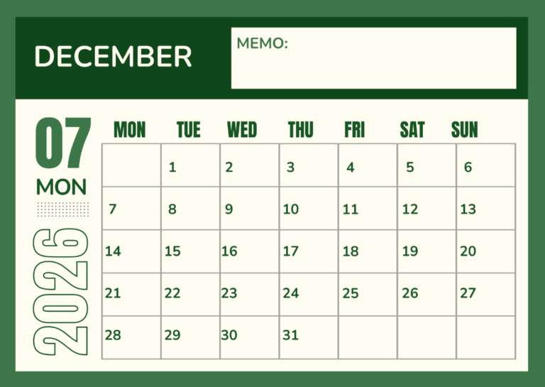 Editable December 2026 Calendar Monday Start Excel