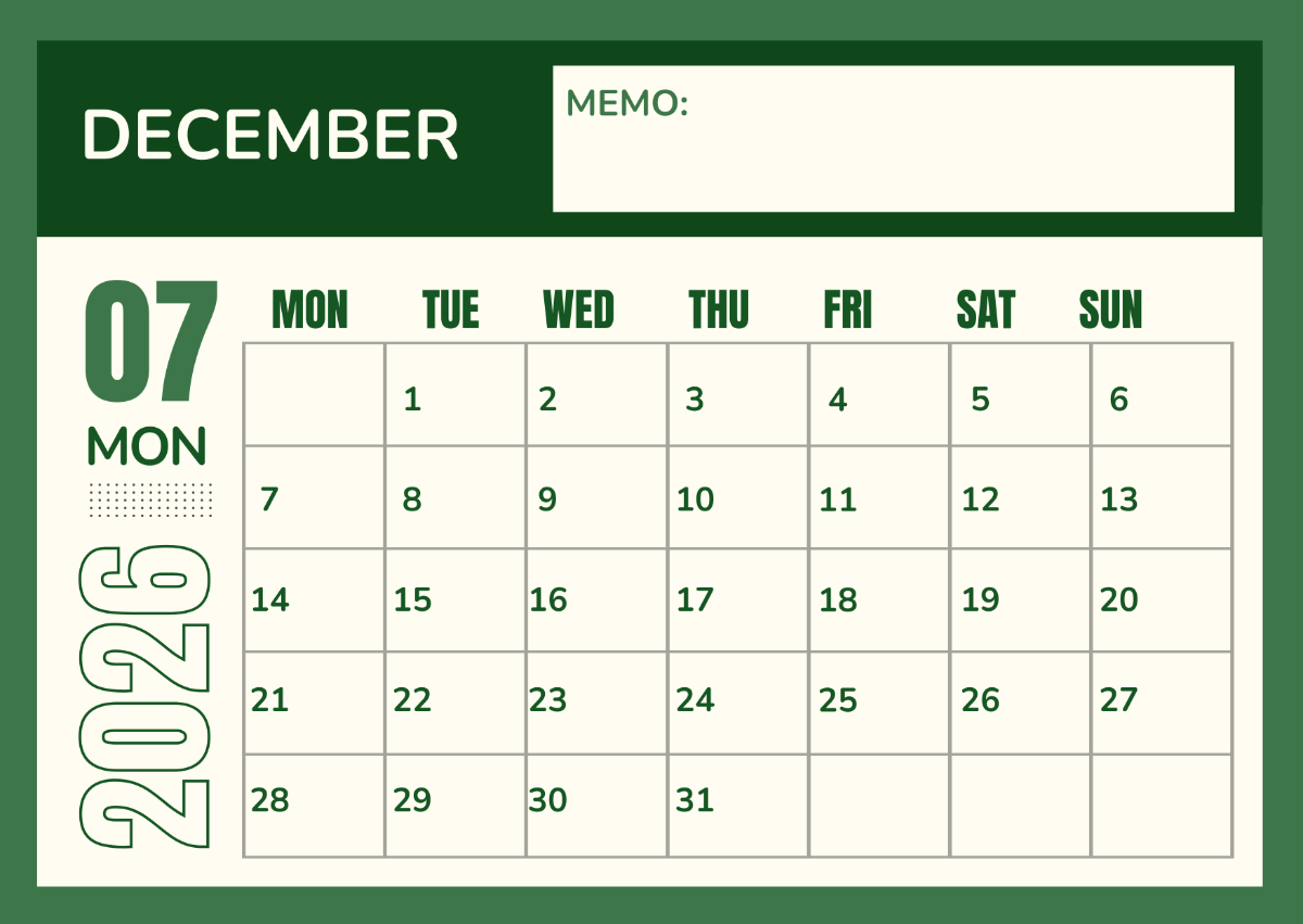 Monday Start December 2026 Calendar Template edit online