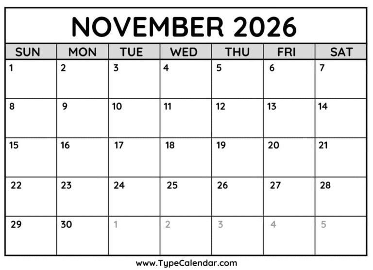 Free Printable November 2026 Calendar Letter Size