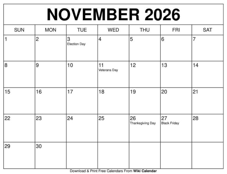 Free November 2026 Calendar With Holidays Word Template
