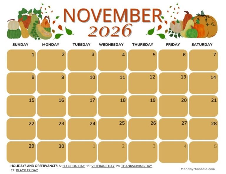 Free Printable Calendar November 2026 Landscape