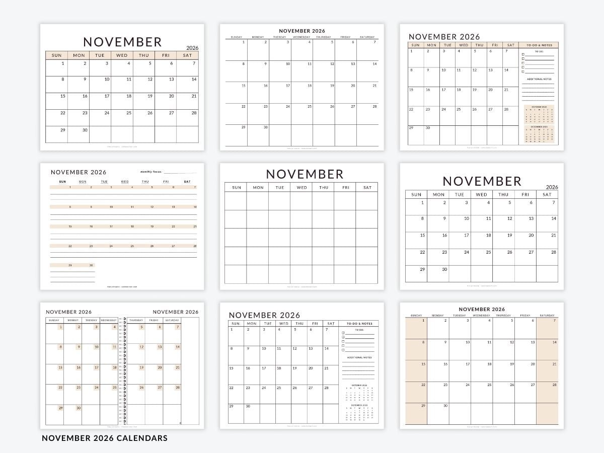 November 2026 Calendar Templates Free Printable PDFs 1