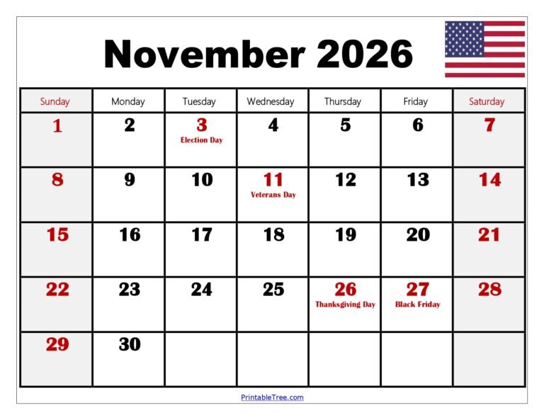 Calendar Template November 2026 With Holidays Included
