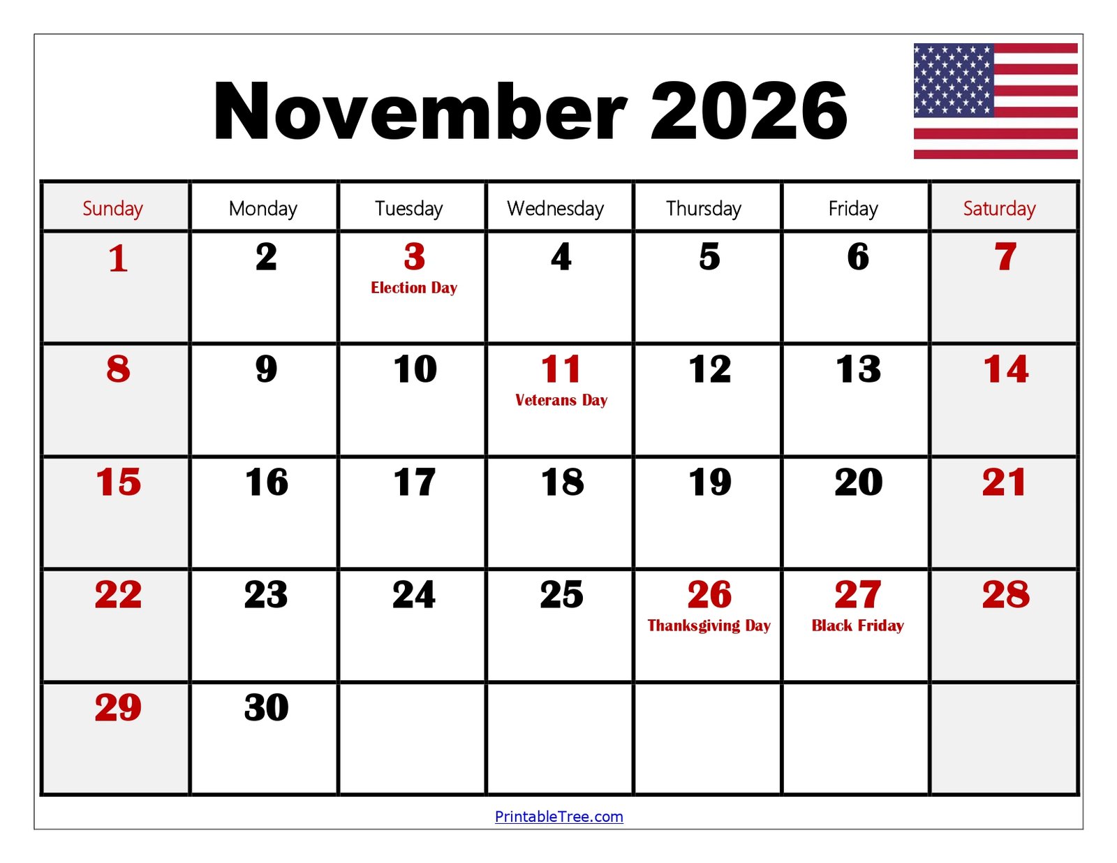 November 2026 Calendar with Holidays