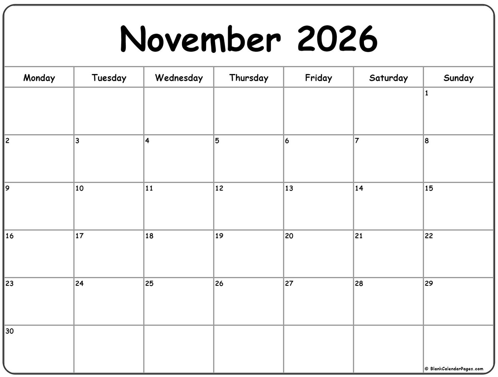 November 2026 calendar monday start1 3