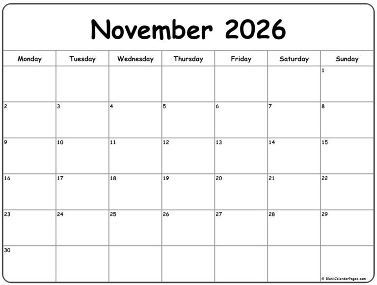 Free Printable Calendar November 2026 Monday Start
