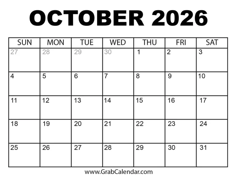 Black And White Blank October 2026 Calendar To Print