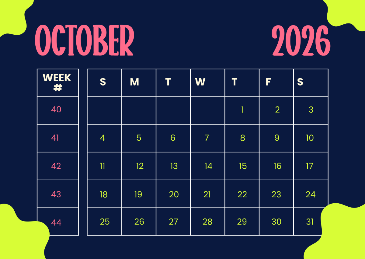 October 2026 Calendar with Week Numbers Template edit online