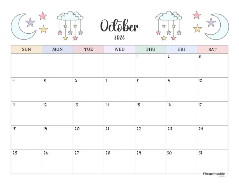 Landscape Printable October 2026 Calendar Letter Size