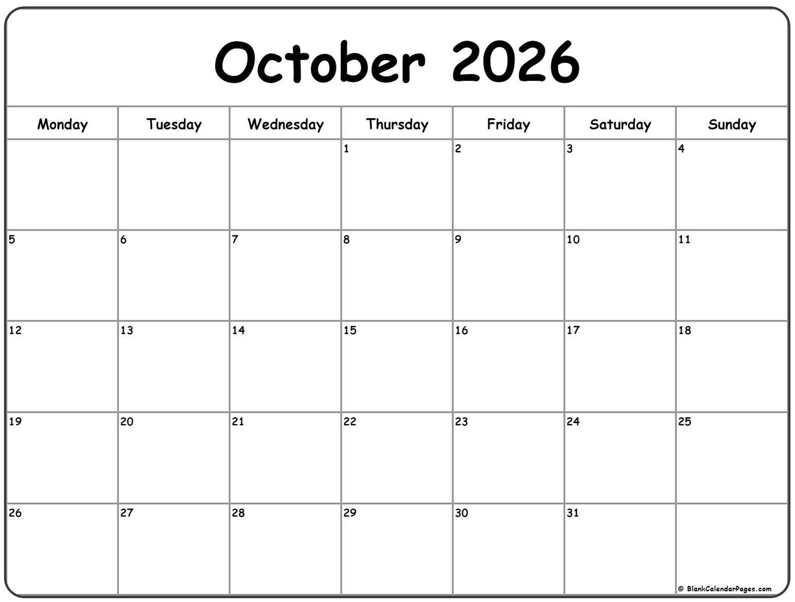 October 2026 calendar monday start1