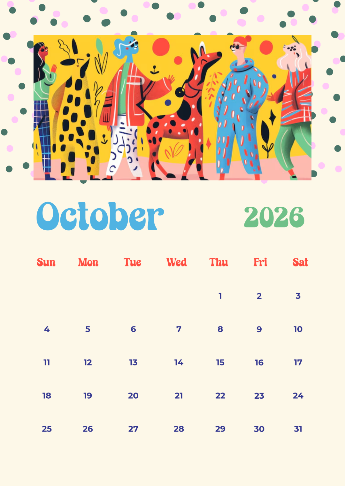 Playful Illustrated October 2026 Calendar Template edit online
