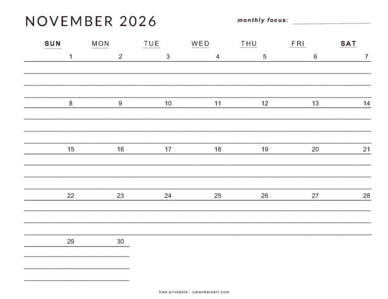 Printable November 2026 Calendars With Lines For Notes