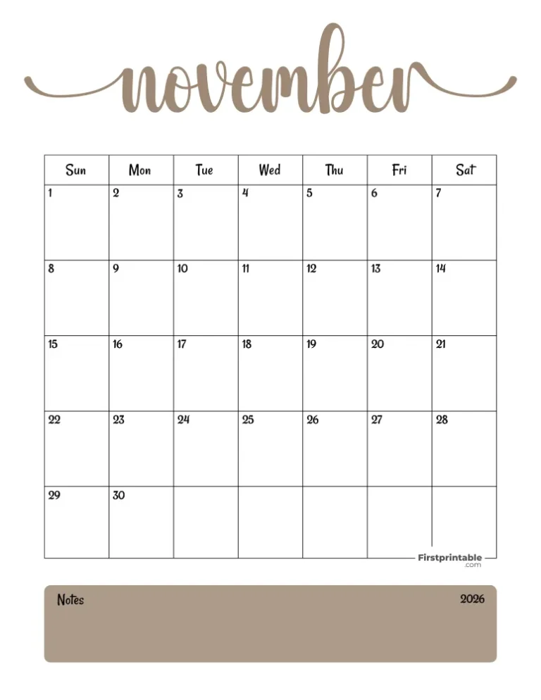 Fillable Blank November 2026 Calendar Template