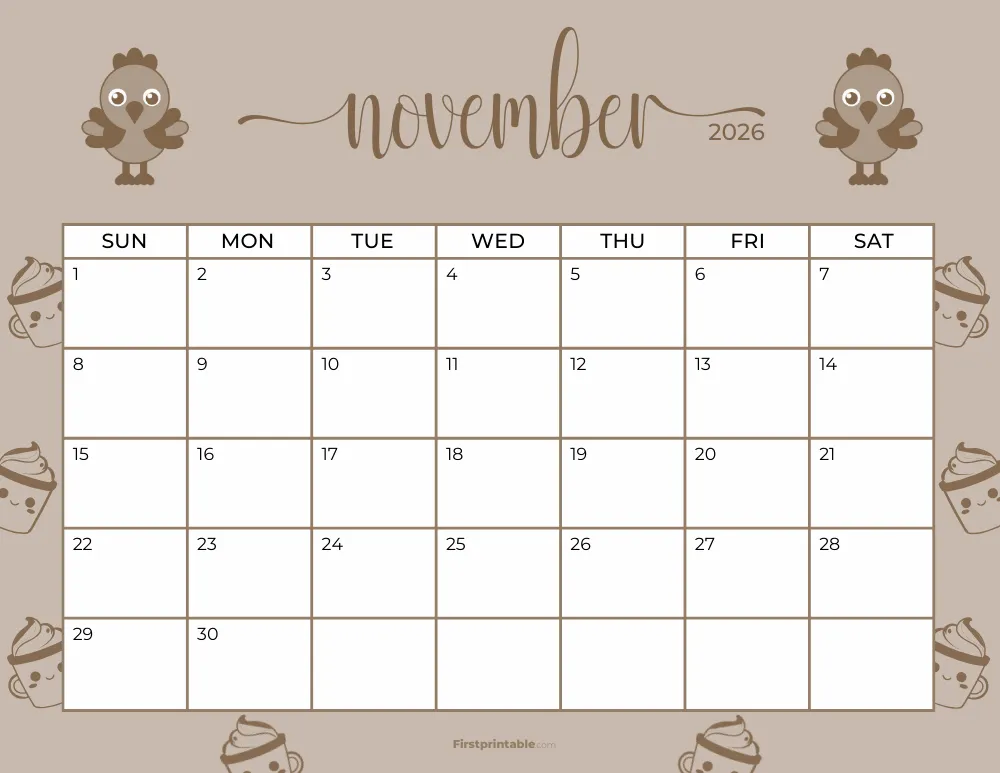 Printable November Calendar 2026 Thanksgiving Day Template 20 1