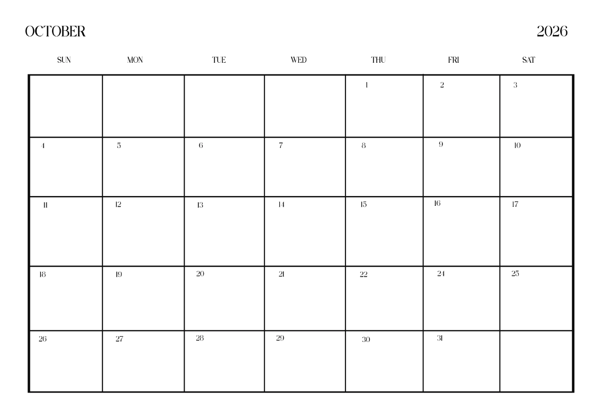 Simple October 2026 Calendar Template edit online