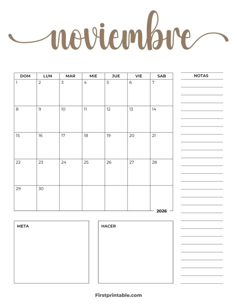 Spanish Printable November 2026 Calendars Templates