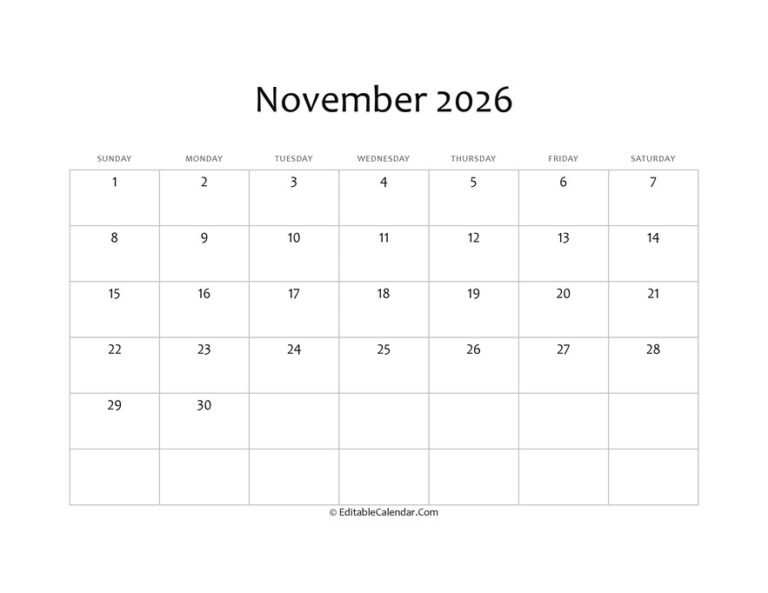 Fillable Calendar November 2026 Excel Template