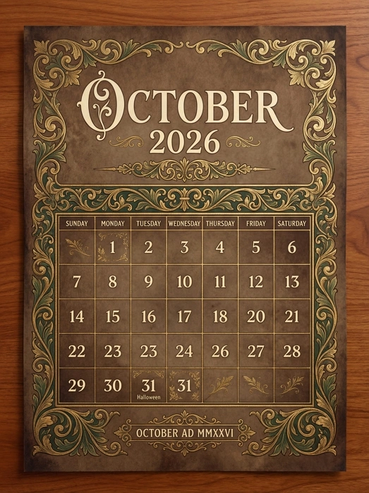 Dark Academia October 2026 Calendar Background