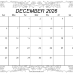 free printable monthly calendar december 2026 fefefe 999999