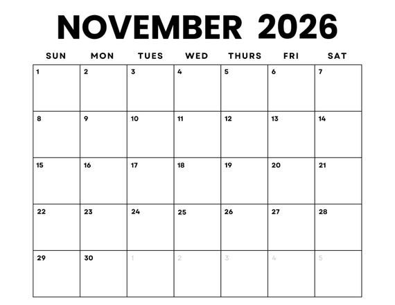 Monthly Planner Calendar Template November 2026