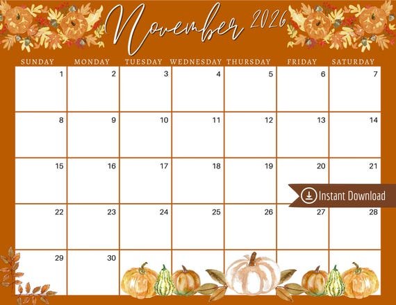 November 2026 Calendar Cute Autumn Leaves Design