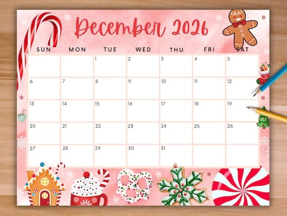 Cute Christmas Printable December 2026 Calendar