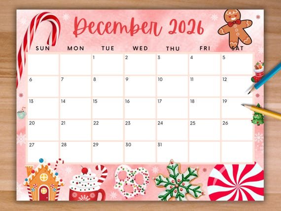 Cute Holiday Design December 2026 Christmas Calendar