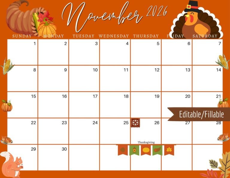 Free November 2026 Calendar Thanksgiving Theme