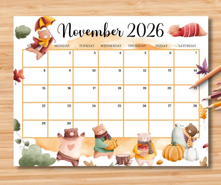 November 2026 Calendar Cute Desk Planner Size