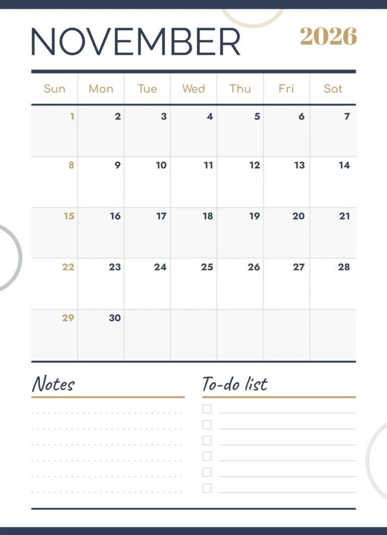 Editable Calendar Template November 2026 Google Sheets